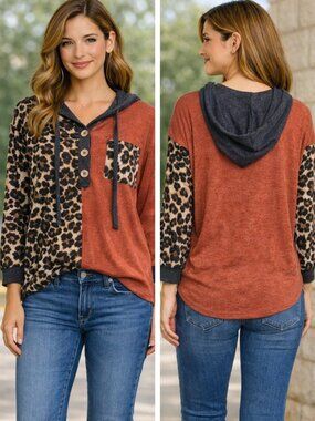 7th Ray Leopard Colorblock Hoodie Small Brushed Knit Pullover Boho